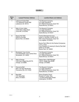 1 EXHIBIT 1 Store Leased Premises Address Landlord Name and Address No