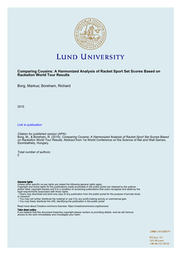 Comparing Cousins: a Harmonized Analysis of Racket Sport Set Scores Based on Racketlon World Tour Results Borg, Markus; Boreham