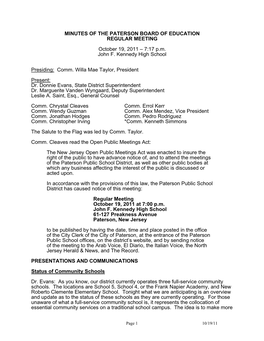 Transcript, and the September 21, 2011 Regular Meeting, and Asked If There Were Any Questions Or Comments on the Minutes