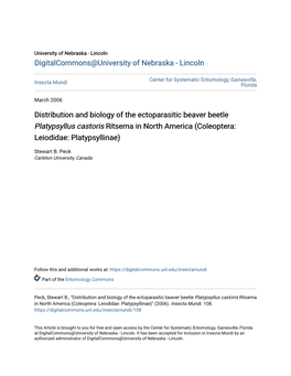 Distribution and Biology of the Ectoparasitic Beaver Beetle Platypsyllus Castoris Ritsema in North America (Coleoptera: Leiodidae: Platypsyllinae)