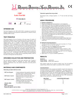 CRP Latex Test Kit INTENDED USE TEST PRINCIPLE SPECIMEN