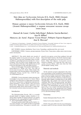 New Data on Cyclocosmia Loricata (C.L. Koch, 1842) (Aranei: Halonoproctidae) with First Description of the Male Palp