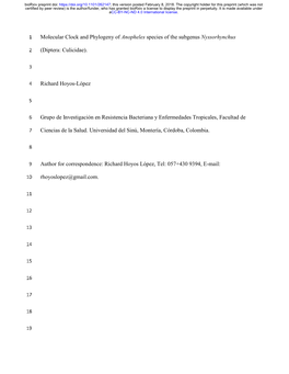 Molecular Clock and Phylogeny of Anopheles Species of the Subgenus Nyssorhynchus