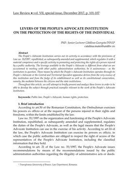Levers of the People's Advocate Institution on the Protection of the Rights of the Individual