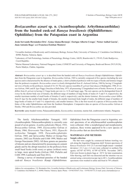 From the Banded Cusk-Eel Raneya Brasiliensis (Ophidiiformes: Ophidiidae) from the Patagonian Coast in Argentina