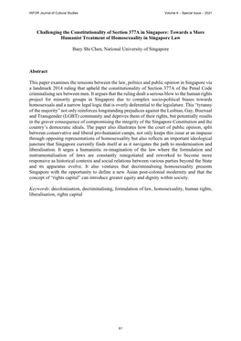 Challenging the Constitutionality of Section 377A in Singapore: Towards a More Humanist Treatment of Homosexuality in Singapore Law