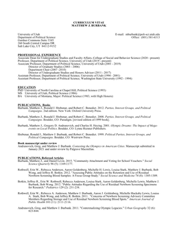 CURRICULUM VITAE MATTHEW J. BURBANK University of Utah E-Mail