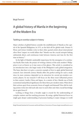 A Global History of Manila in the Beginning of the Modern Era