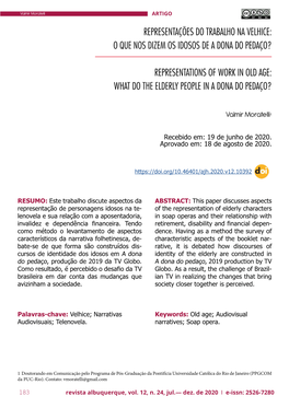 Representações Do Trabalho Na Velhice: O Que Nos Dizem Os Idosos De a Dona Do Pedaço?