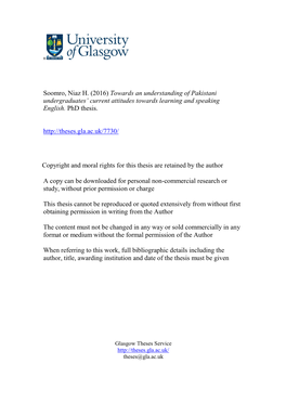 Soomro, Niaz H. (2016) Towards an Understanding of Pakistani Undergraduates’ Current Attitudes Towards Learning and Speaking English