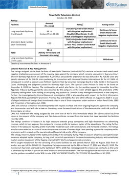 New Delhi Television Limited October 28, 2020 Ratings Amount Facilities Rating1 Rating Action (Rs