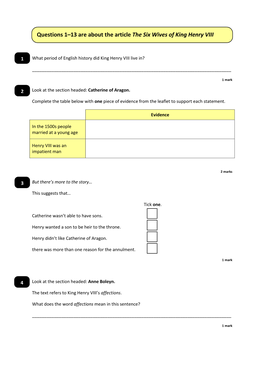 Questions 1–13 Are About the Article the Six Wives of King Henry VIII