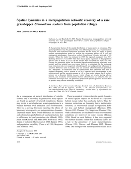 Spatial Dynamics in a Metapopulation Network: Recovery of a Rare Grasshopper Stauroderus Scalaris from Population Refuges