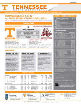 TENNESSEE (13-7, 5-3) Vs. MISSISSIPPI STATE