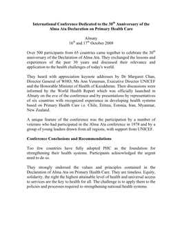 Anniversary of the Alma Ata Declaration on Primary Health Care