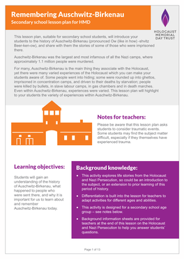 Remembering Auschwitz-Birkenau Secondary School Lesson Plan for HMD