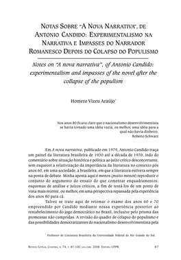 De Antonio Candido: Experimentalismo Na Narrativa E Impasses Do Narrador Romanesco Depois Do Colapso Do Populismo