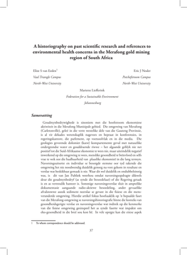 A Historiography on Past Scientific Research and References to Environmental Health Concerns in the Merafong Gold Mining Region of South Africa