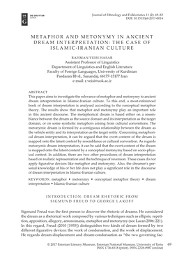 Metaphor and Metonymy in Ancient Dream Interpretation: the Case of Islamic-Iranian Culture