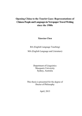Opening China to the Tourist Gaze: Representations of Chinese People and Languages in Newspaper Travel Writing Since the 1980S