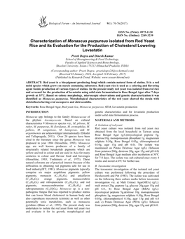 Characterization of Monascus Purpureus Isolated from Red Yeast