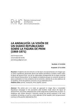 La Andalucía: La Visión De Un Diario Republicano Sobre La Figura De Prim (1868-1871)