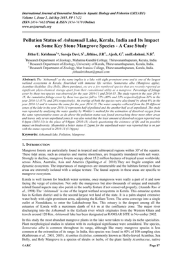 Pollution Status of Ashtamudi Lake, Kerala, India and Its Impact on Some Key Stone Mangrove Species - a Case Study