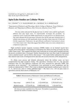 Spin Echo Studies on Cellular Water