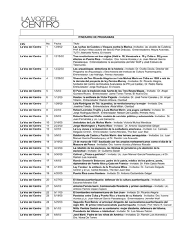 ITINERARIO DE PROGRAMAS LVC No. Fecha Titulo La Voz Del Centro 1 12/8/02 Las Luchas De Culebra Y Vieques Contra La Marina -Invit