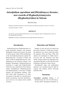 Anisolpidium Saprobium and Rhizidiomyces Hirsutus, New Records of Hyphochytriomycetes (Hyphochytriales) in Taiwan