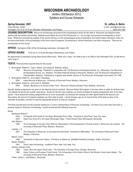WISCONSIN ARCHAEOLOGY (Anthro 355/Section 001C) Syllabus and Course Schedule
