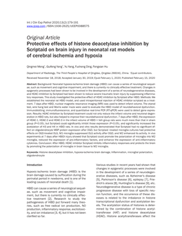 Original Article Protective Effects of Histone Deacetylase Inhibition by Scriptaid on Brain Injury in Neonatal Rat Models of Cerebral Ischemia and Hypoxia