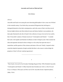 1 Anscombe and Geach on Mind and Soul John Haldane Abstract Anscombe and Geach Were Among the Most Interesting Philosophers to H