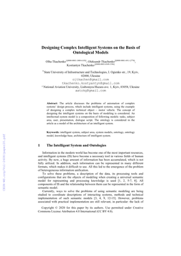 Designing Complex Intelligent Systems on the Basis of Ontological Models