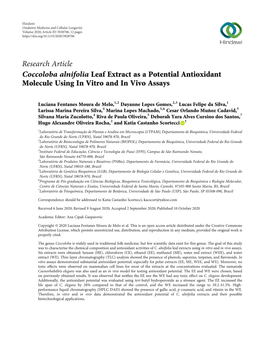 Coccoloba Alnifolia Leaf Extract As a Potential Antioxidant Molecule Using in Vitro and in Vivo Assays