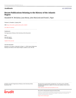 Recent Publications Relating to the History of the Atlantic Region Elizabeth W