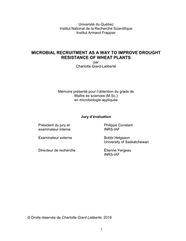 MICROBIAL RECRUITMENT AS a WAY to IMPROVE DROUGHT RESISTANCE of WHEAT PLANTS Par Charlotte Giard-Laliberté