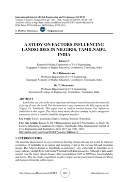 A Study on Factors Influencing Landslides in Nilgiris, Tamilnadu, India