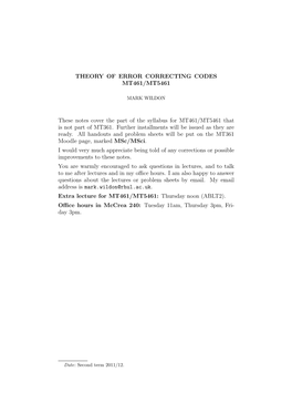 THEORY of ERROR CORRECTING CODES MT461/MT5461 These