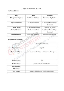 Paper: 11; Module No: 29: E Text (A) Personal Details