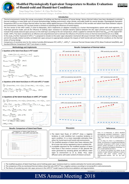 Modified Physiologically Equivalent Temperature to Realize Evaluations of Humid-Cold and Humid-Hot Conditions Yung-Chang Chen, Charles C.-K