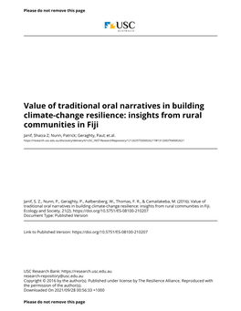 Value of Traditional Oral Narratives in Building Climate-Change Resilience: Insights from Rural Communities in Fiji