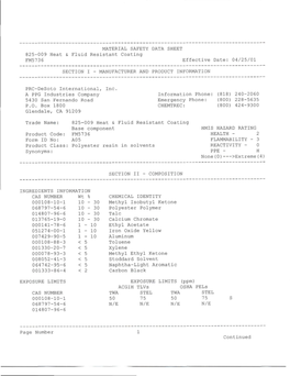 MATERIAL SAFETY DATA SHEET 825-009 Heat & Fluid Resistant