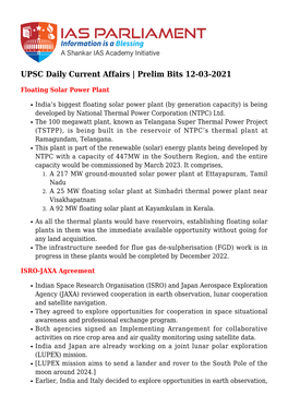 UPSC Daily Current Affairs | Prelim Bits 12-03-2021