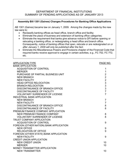 Department of Financial Institutions Summary of Pending Applications As of January 2013