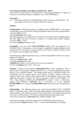 Corrections and Changes to the Diptera Checklist (10)