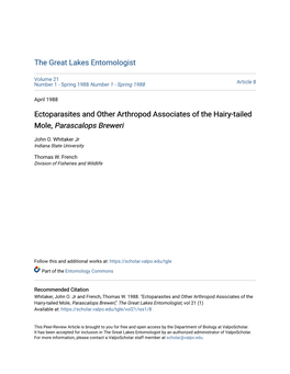 Ectoparasites and Other Arthropod Associates of the Hairy-Tailed Mole, Parascalops Breweri