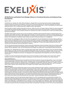 AVI Biopharma and Exelixis Form Strategic Alliance on Functional Genomics and Antisense Drug Development