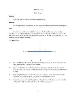 1 AP Physics 2 Lab Plane Mirrors Objective Draw a Ray Diagram To