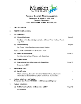 Regular Council Meeting Agenda December 2, 2019 at 6:00 P.M